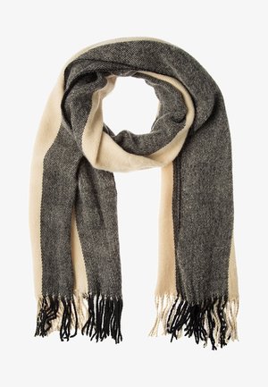 Écharpe en maille douce avec de larges rayures verticales crème et gris foncé, finie avec des franges torsadées aux deux extrémités.