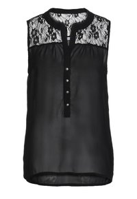 Haut noir sans manches avec un empiècement en dentelle, cinq boutons décoratifs sur le devant, et une texture de tissu lisse légèrement transparente.