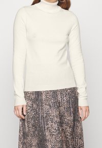 Cream turtleneck sweater in soft fabric, fitted silhouette, long sleeves, with a ribbed texture. Paired with a patterned skirt.