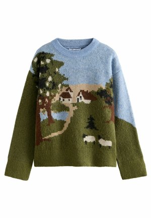 Knit sweater featuring a countryside scene with trees, houses, a winding path, and sheep. Colors include green, blue, and brown.