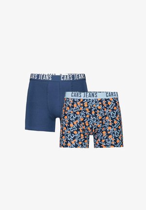Twee paar herenboxers: één in effen marineblauw, de ander met een patroon van oranje bloemen op een donkerblauwe achtergrond. Elastische logo's op de taillebanden.