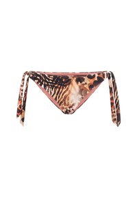 Bikini bottom con stampa animale in tonalità marrone, nera e rosa, dotato di lati regolabili con lacci e una texture liscia.