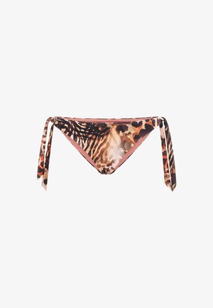 Bikini bottom con stampa animale in tonalità marrone, nera e rosa, dotato di lati regolabili con lacci e una texture liscia.