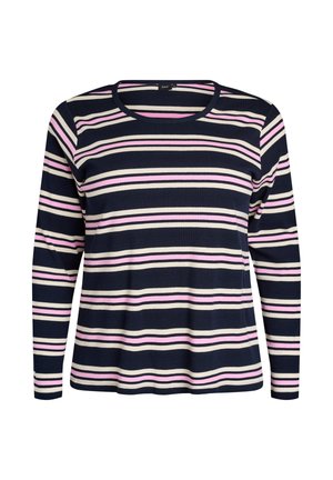 Tamsiai mėlynas ilgomis rankovėmis marškinėliai su horizontaliomis šviesiai rožinėmis ir kūno spalvos juostelėmis, riestu audiniu, apvalia apykakle ir laisvu siluetu.