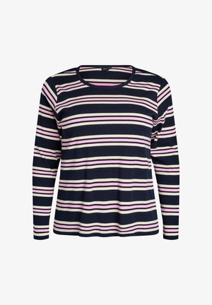 Granatowa koszulka z długim rękawem w poziome paski w jasno różowym i kremowym kolorze, o prążkowanej fakturze, z okrągłym dekoltem i luźnym krojem.