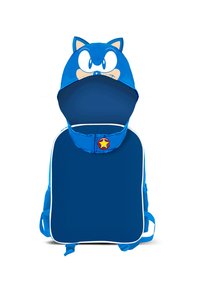 Sac à dos bleu avec une capuche en forme de chat. Il présente un grand visage de dessin animé, un accent en étoile, une surface texturée et des bretelles réglables.