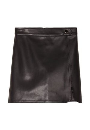 Black leather mini skirt with a wrap design, featuring a side slit and a gold-tone ring detail at the waist. Smooth texture with minimal stitching.