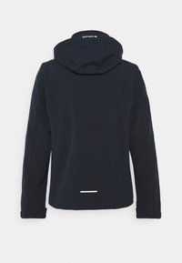 Navy blue jacket with a hood, featuring a smooth texture and a white reflective accent along the hem. Simple, functional design.