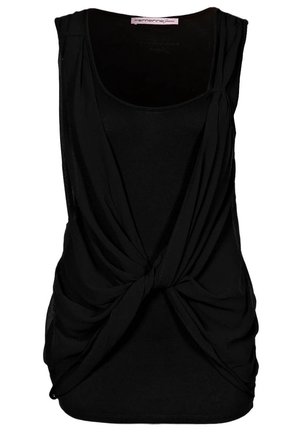 Czarny top bez rękawów z okrągłym dekoltem, z ozdobnym skręcanym przodem i miękką, lejącą się teksturą. Wykonany z lekkiego materiału.