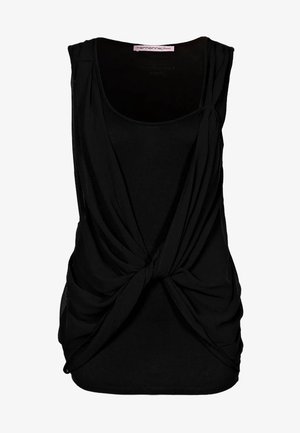 Musta hihaton toppi, jossa on pyöreä pääntie, etuosassa kierretty kangasdetaili ja pehmeä, laskeutuva kangas. Valmistettu kevyestä materiaalista.