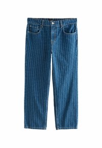 Blå denimjeans med rutigt mönster. Har fem fickor, dragkedja och standard bälteshällor. Lös passform, rak ben.