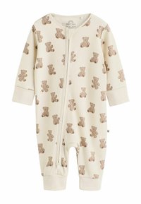 Cream baby romper with brown teddy bear print, long sleeves, ankle cuffs, and a front zipper closure.