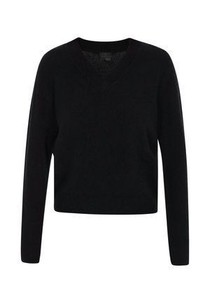 Schwarzer gestrickter Pullover mit V-Ausschnitt, langen Ärmeln und cropped Design. Mit gerippten Bündchen und Saum, aus weichem, texturiertem Stoff gefertigt.