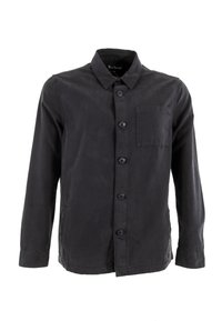 Zwarte button-up shirt gemaakt van katoen, met een kraag, lange mouwen en een borstzak. De textuur lijkt glad met een matte afwerking.