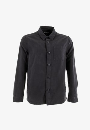 Zwarte button-up shirt gemaakt van katoen, met een kraag, lange mouwen en een borstzak. De textuur lijkt glad met een matte afwerking.