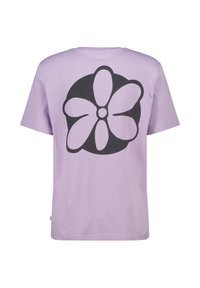 Laventeli puuvillainen t-paita, jossa on iso musta kukkakuva selkäpuolella. Lyhyt hiha ja pyöreä pääntie, sileä pinta.