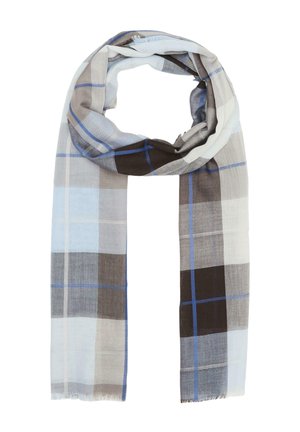 Lichtgewicht rechthoekige sjaal met een blauw, grijs, zwart en beige ruitpatroon, losjes gevouwen in een lus.