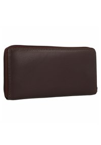 Portefeuille en cuir brun avec une texture lisse, fermeture éclair et forme rectangulaire. Les bords cousus mettent en valeur son design et sa durabilité.