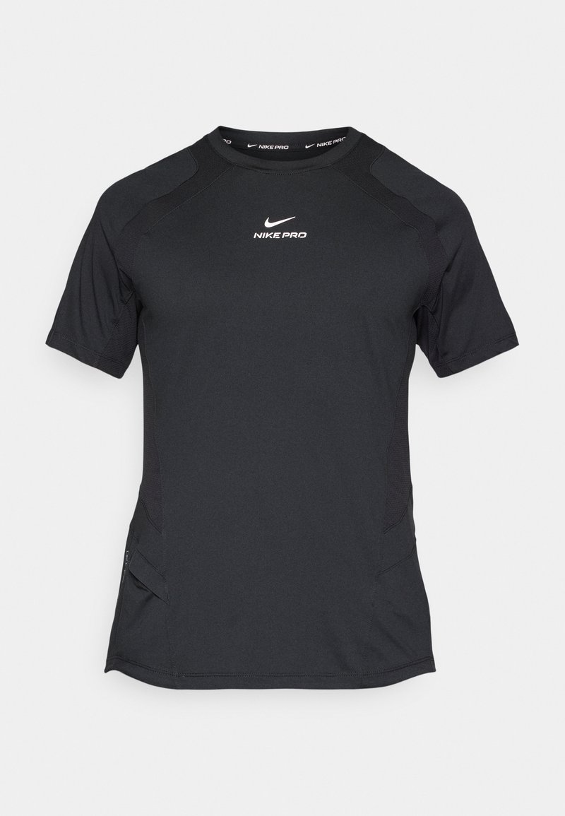 Black Nike Pro short-sleeve shirt with a crew neck, featuring a logo on the chest and mesh accents on the sides for ventilation.