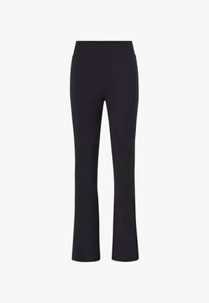 Schwarze, hoch-taillierte Hose mit einer taillierten Taille und leicht ausgestellt geschnittenen Beinen, dargestellt vor einem weißen Hintergrund.