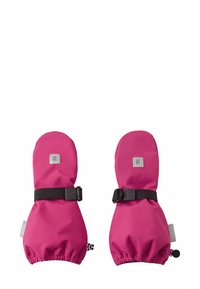 Różowe nieprzemakalne rękawice z elastycznymi mankietami, czarnymi regulowanymi paskami i szarymi akcentami z logo na górze. Gładka tekstura z wzmocnionymi brzegami.