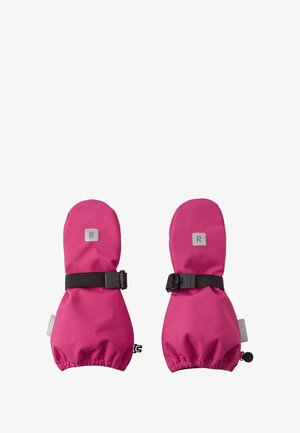 Pink waterproof mittens with elastic cuffs, black adjustable straps, and gray logo accents on top. Smooth texture with reinforced edges.