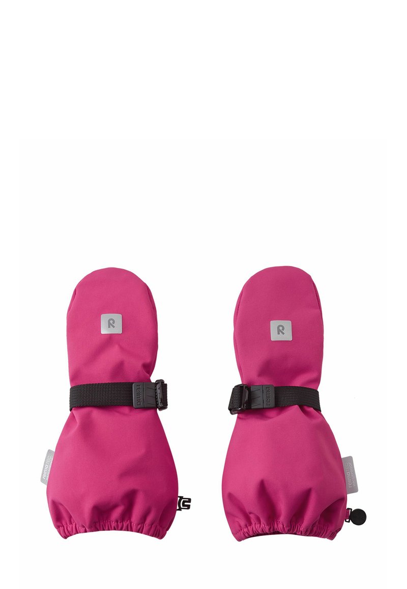 Różowe nieprzemakalne rękawice z elastycznymi mankietami, czarnymi regulowanymi paskami i szarymi akcentami z logo na górze. Gładka tekstura z wzmocnionymi brzegami.