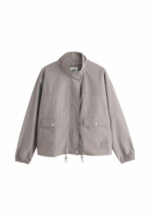 Light gray jacket made of textured fabric, featuring a high collar, two front pockets with snap closures, and adjustable drawstring at the hem.