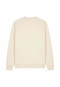 Sweatshirt couleur crème avec un col rond côtelé, des manches raglan et une texture lisse. Pas de logos ou de motifs visibles.