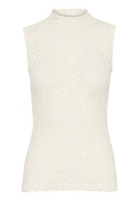 Mouwloze kanttop in off-white met een hoge hals. Beschikt over een getextureerd bloemenpatroon en een gekartelde zoom. Glad afgewerkt gedurende het hele ontwerp.