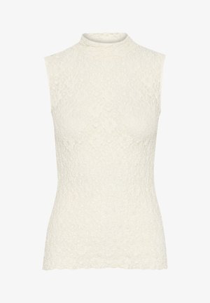 Csipkés, ujjatlan top törtfehér színben, magas nyakkal. Texturált virágmintázattal és fodros szegéllyel rendelkezik. Simább felülettel készült.