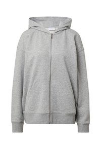 Szara bluza z zamkiem wykonana z miękkiego materiału, z kapturem, dwoma przednimi kieszeniami, ściągaczami na rękawach i minimalistycznym logo na piersi.