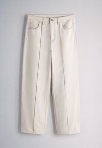 Beige wide-leg pants with front crease, belt loops, button closure, and front and back pockets on a light background.
