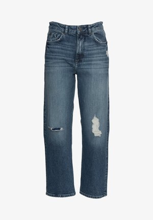 Jeans de mezclilla azul con cintura alta, corte holgado y detalles desgastados en la parte frontal. Presentan trabillas para cinturón y un diseño de cinco bolsillos.