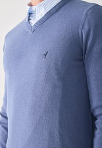 Mężczyzna w niebieskim swetrze z dekoltem w serek, noszącym pod nim jasnoniebieską i białą koszulę w paski, sweter posiada małe haftowane logo ptaka.