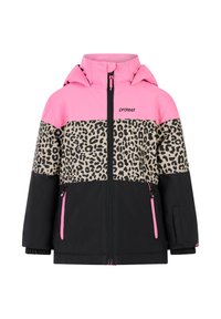 Kleurvolle jas met een roze bovenstuk, een panterprint middenstuk en een zwart onderstuk. Inclusief een capuchon en een rits aan de voorkant.