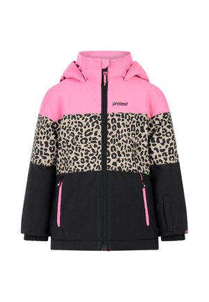Bunte Jacke mit einem pinken oberen Abschnitt, einem Leopardenmuster im mittleren Abschnitt und einem schwarzen unteren Teil. Mit Kapuze und Frontreißverschluss.