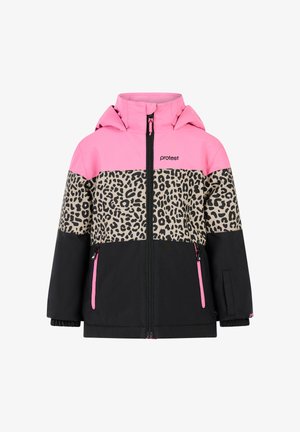 Bunte Jacke mit einem pinken oberen Abschnitt, einem Leopardenmuster im mittleren Abschnitt und einem schwarzen unteren Teil. Mit Kapuze und Frontreißverschluss.