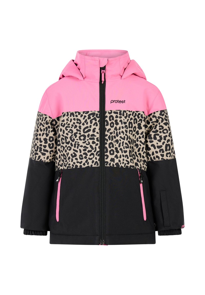 Kleurvolle jas met een roze bovenstuk, een panterprint middenstuk en een zwart onderstuk. Inclusief een capuchon en een rits aan de voorkant.