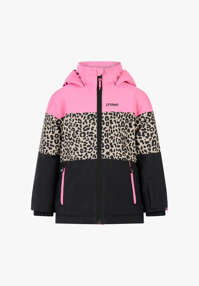 Färgglad jacka med en rosa övre del, en leopardmönstrad mittensektion och en svart nederdel. Inkluderar huva och frontdragkedja.