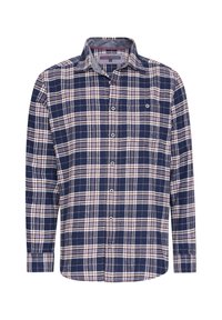 Marineblaues und braunes kariertes Flanellhemd mit langen Ärmeln, Button-Down-Kragen und Brusttasche; weiche Textur und reguläre Passform.