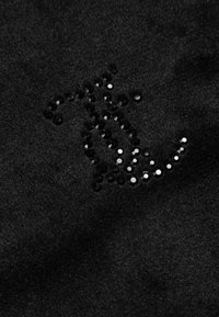 Černá látka s malou skupinkou lesklých černých kamínků poskládaných volně do zakřiveného vzoru.