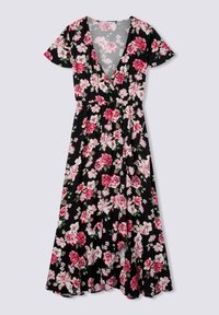 Abito nero floreale con maniche corte, scollatura a V, vita elastica e gonna svasata. Presenta rose rosa e fiori bianchi più piccoli.