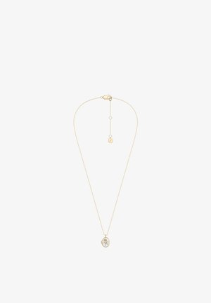 Collier délicat en chaîne dorée avec un pendentif médaillon ovale présentant un design floral doré détaillé.