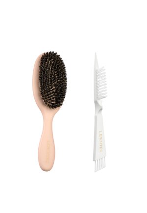 Soft-bristled beige hairbrush with black bristles next to a small white multi-bristle cleaning brush, both with gold "LENOITES" text.