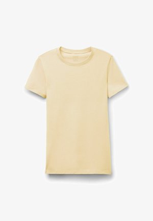 Schlichtes hellgelbes T-Shirt mit kurzen Ärmeln und Rundhalsausschnitt, flach auf weißem Hintergrund ausgelegt.