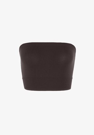 Black bandeau top made of smooth fabric, featuring a ribbed hem for a secure fit, with no straps or sleeves.