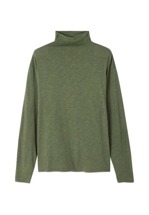 Maglia a maniche lunghe a collo alto di colore verde oliva, realizzata in un morbido tessuto testurizzato con una vestibilità comoda e un design semplice. Senza motivi visibili o decorazioni.