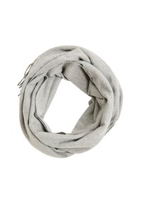 Sciarpa infinita grigia chiara realizzata in tessuto morbido e elasticizzato, con una texture liscia e bordi leggermente sfrangiati.