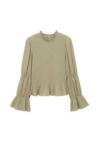 Dolgi rokavi, olivno zeleni top z naborkanim ovratnikom, elastičnimi manšetami in razširjenim robom. Narejen iz teksturiranega, lahkega materiala.